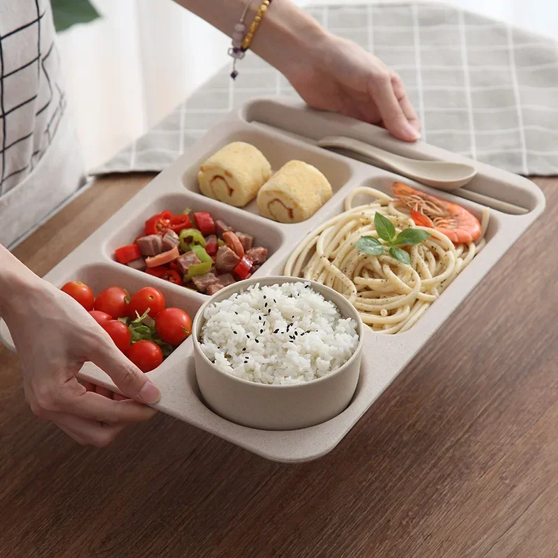 1Set Student Meal Plate Fast Food Bowls Anti-fall Household Meal Plate Separation Plate Bowl Cup Set Dinner Set Service Assiette