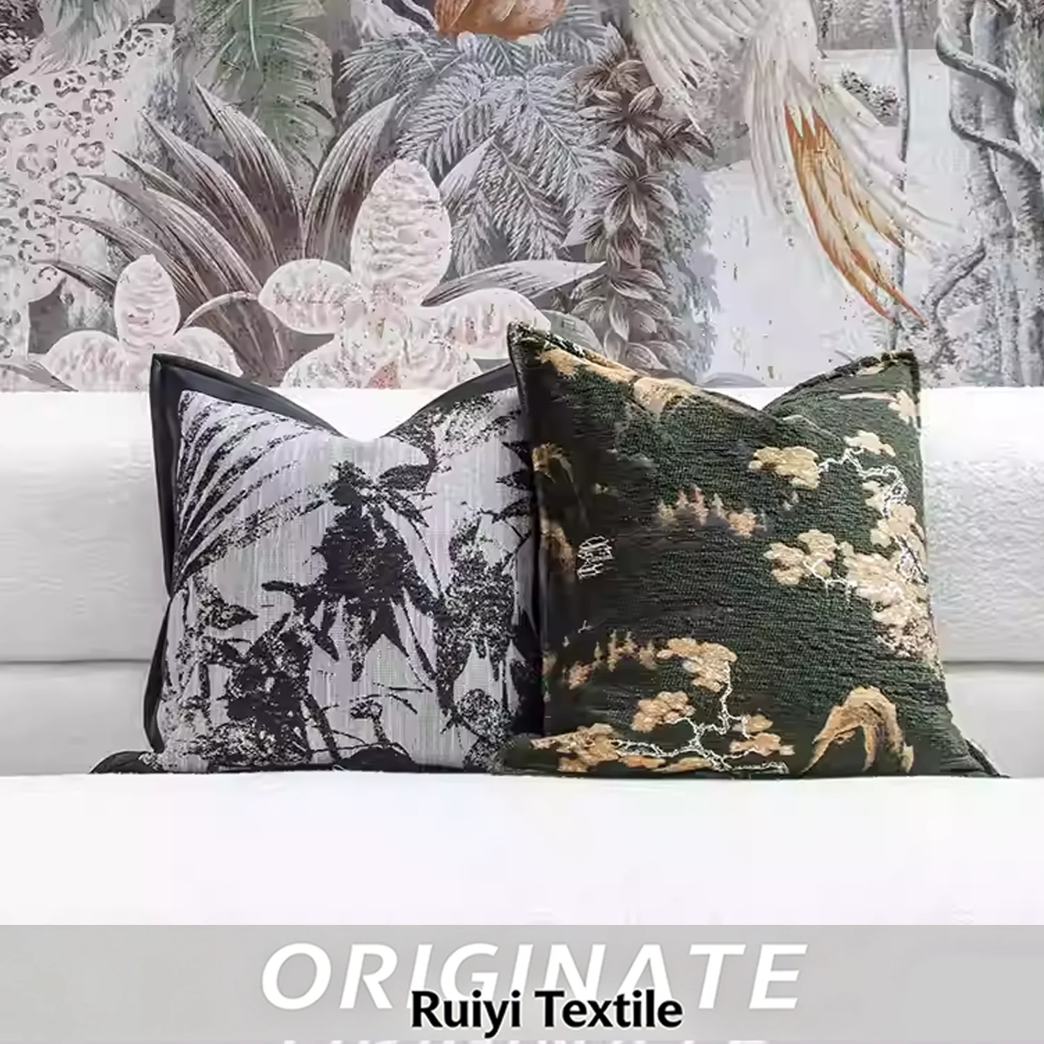 RUIYI Premium Minimalist Home Stay Green Landscape Jacquard Pattern Square Pillowcase 50x50cm Cotton Cushion Cover with Zipper