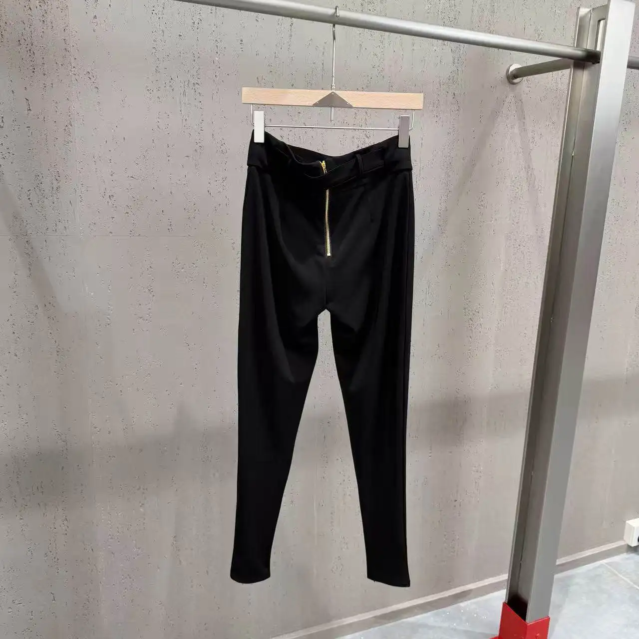 High Street Pants Women's High Waisted Slimming Black Casual Pants Metal Buckle Decoration Hanging Elastic Slim Fit Pants