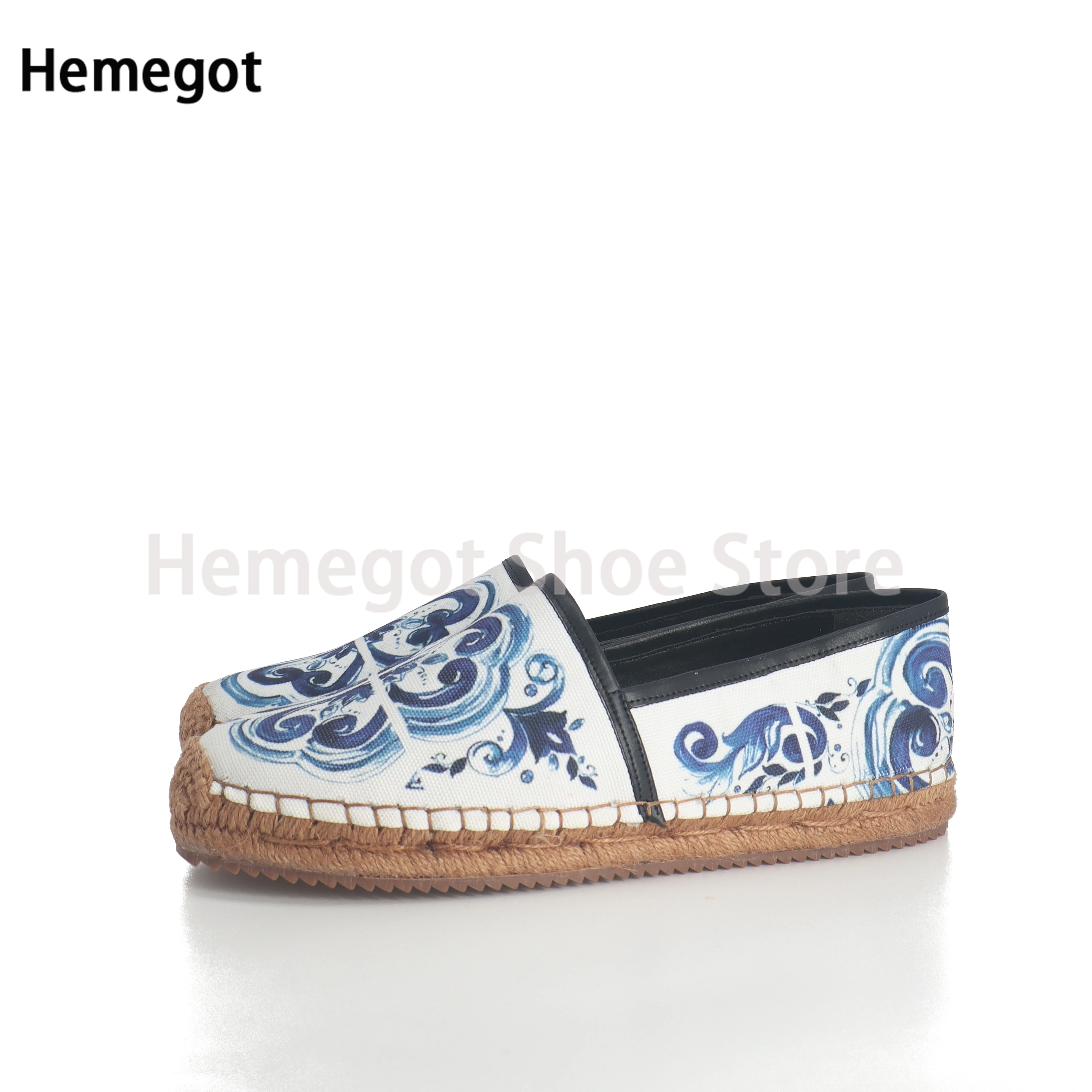 Blue and White Porcelain Hemp Rope Men Flats Hand-Painted Shoes Daily Casual Flat Fisherman Shoes Single Shoes 39-48