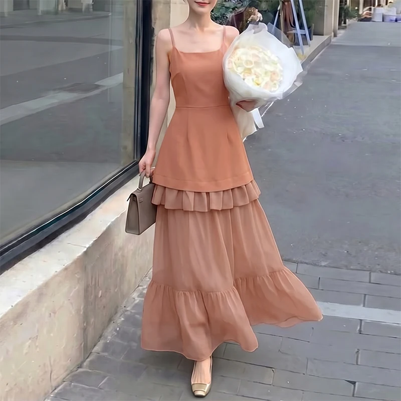 ZANZEA Damen Party Maxikleid Elegantes Plissiertes Trägerkleid 2026 Patchwork Sommerkleid Einfarbiges Robe Femme