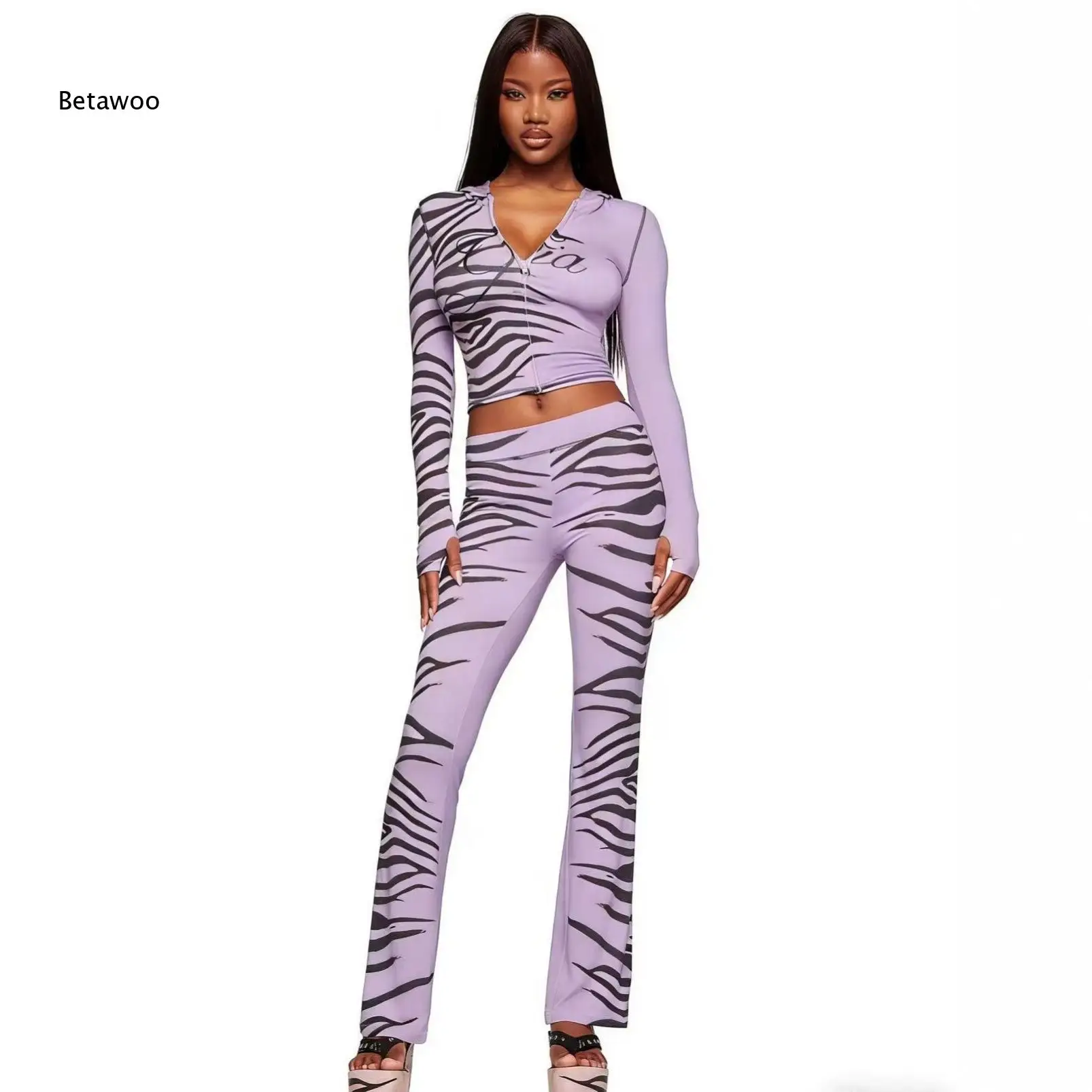 Women's Animal Print 2 Piece Outfit Long Sleeve Crop Top and Matching Pants Set Trendy Bodycon Clubwear Streetwear Fashion Look