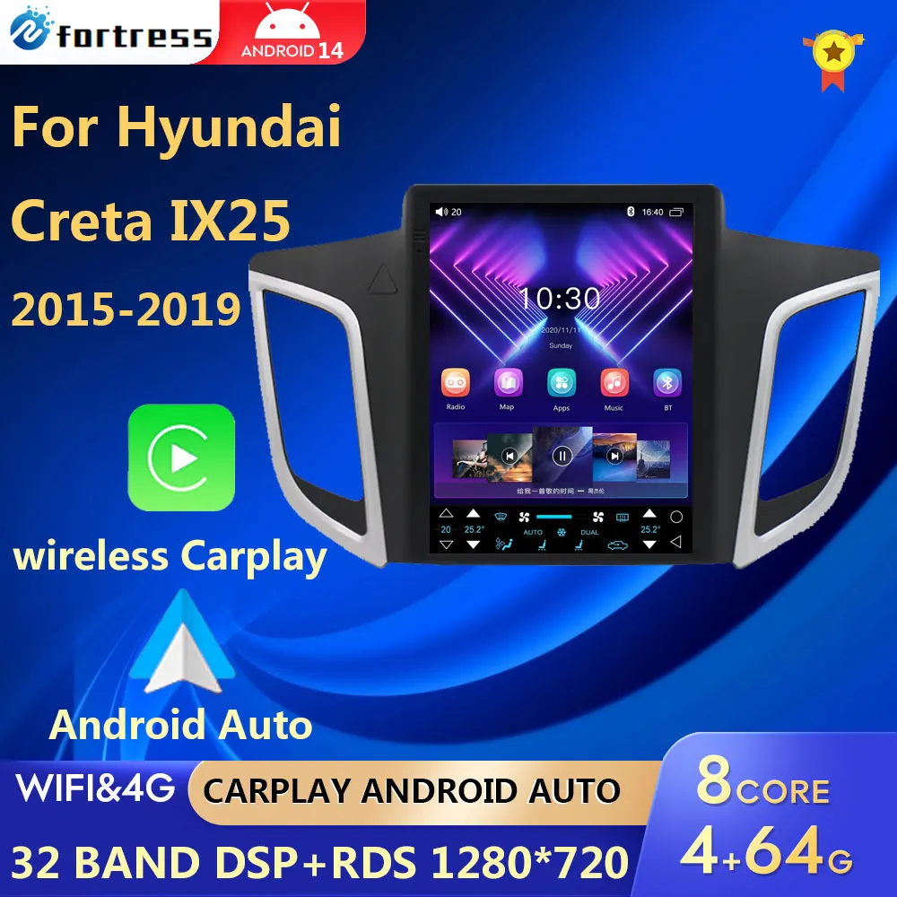 

4G For Tesla style screen Android 12 Auto Car Radio for Hyundai Creta IX25 2015-2019 Multimedia Carplay 2Din GPS Stereo 9.7"