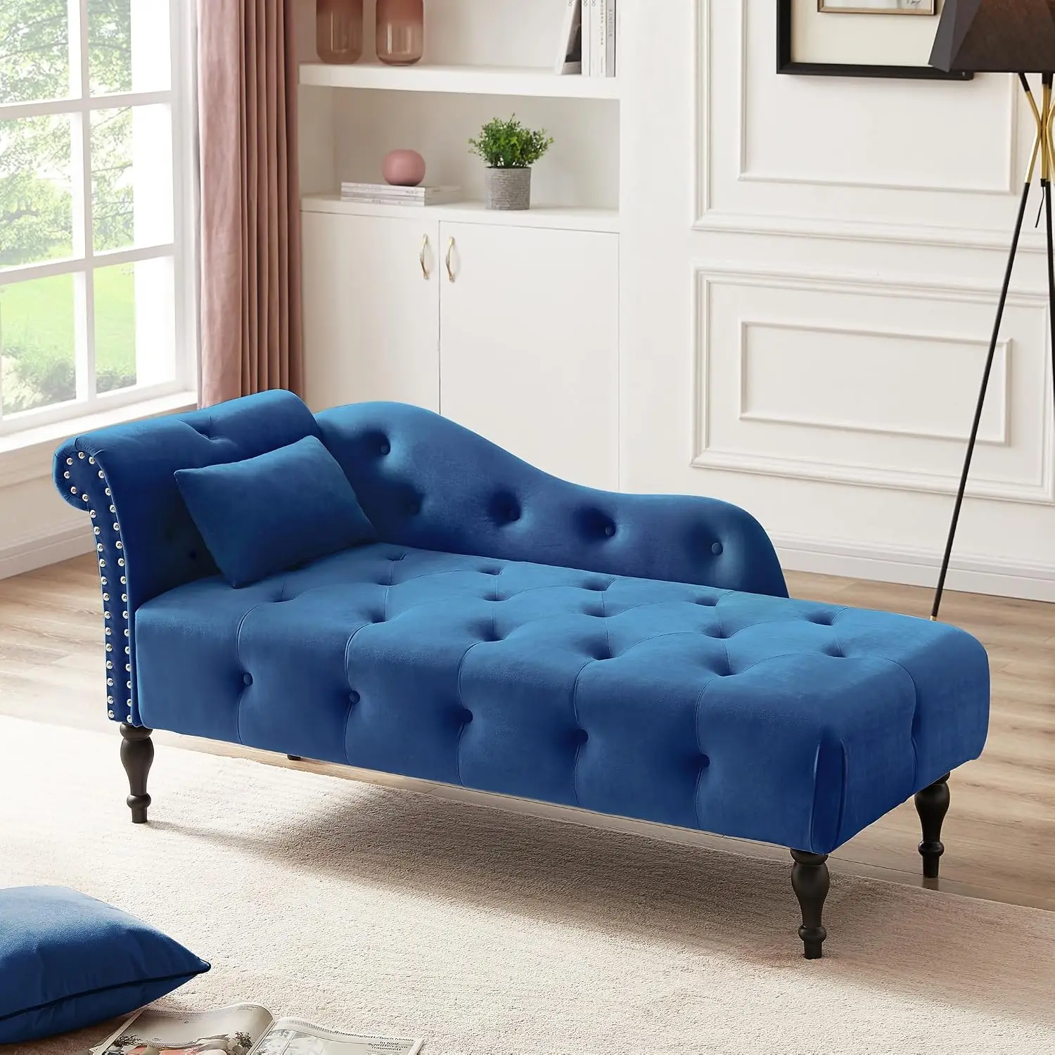 Blue Velvet Chaise Lounge Tufted Nailhead Trim Wood Legs Vintage Living Room Bedroom Office, Customized