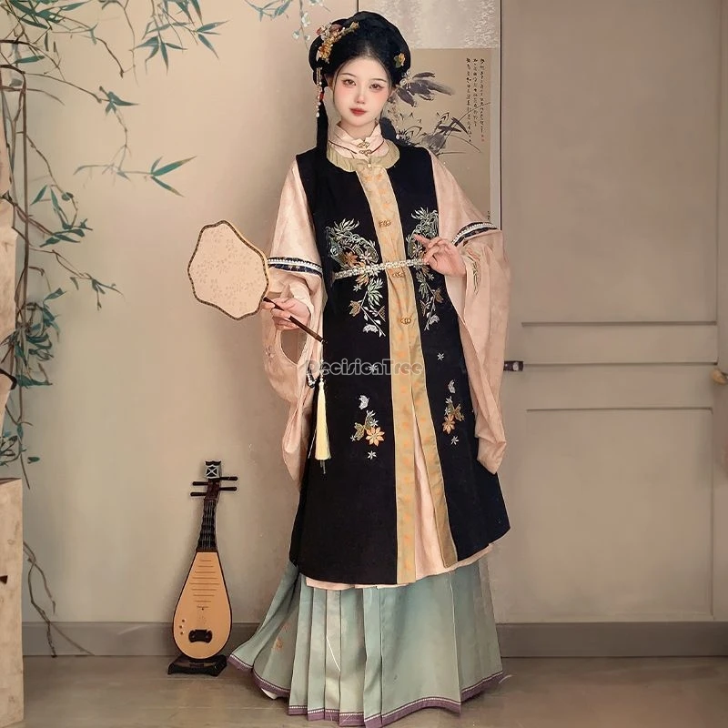 

Осень-зима 2026, свободная элегантная рубашка в китайском стиле династии Мин, рубашка с воротником-стойкой, длинная юбка с конским лицом, комплект ханьфу с вышивкой