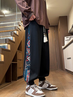Men's fashionable national style China-Chic casual trousers with drawcord and pocket, elastic waist, light and comfortable, suit