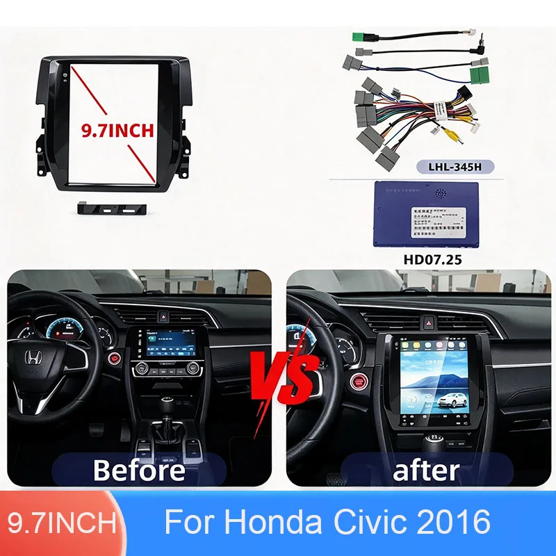 For Honda Civic 2016 9.7 Inch Car Radio Fascia Frame Dashboard Panel with Wiring Harness CANBUS Decoder Vertical Screen Kit