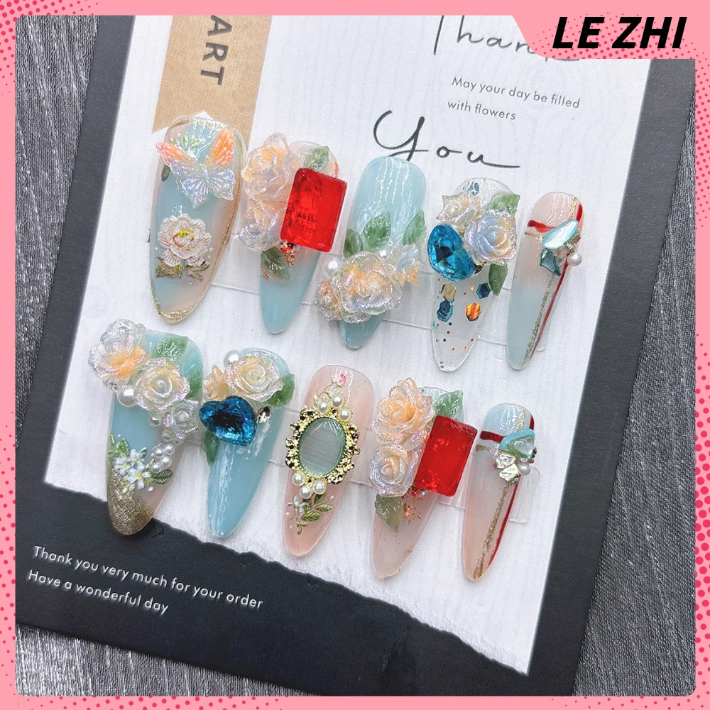 Hello Kitty French Ballerina Long Pointed Coffin Nails 3D Sea of Flowers Hand Drawn Snowflake Zircon Press On Nailswholesale