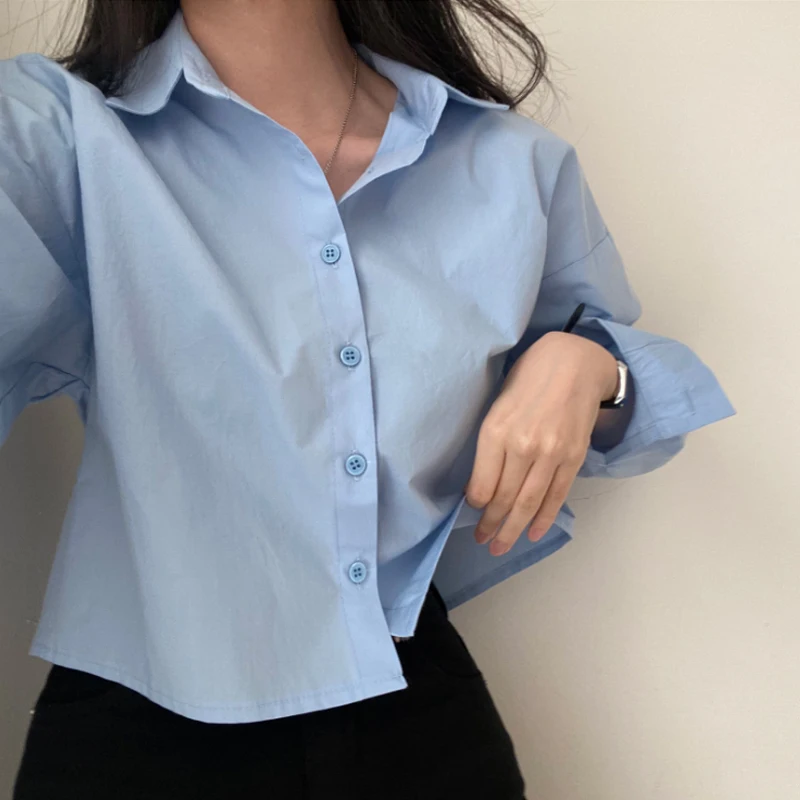 Early Autumn New Women's Long Sve ort irt Vintage Turn-down Collar Ba Split Design Korean Sle Bubble Sve Top