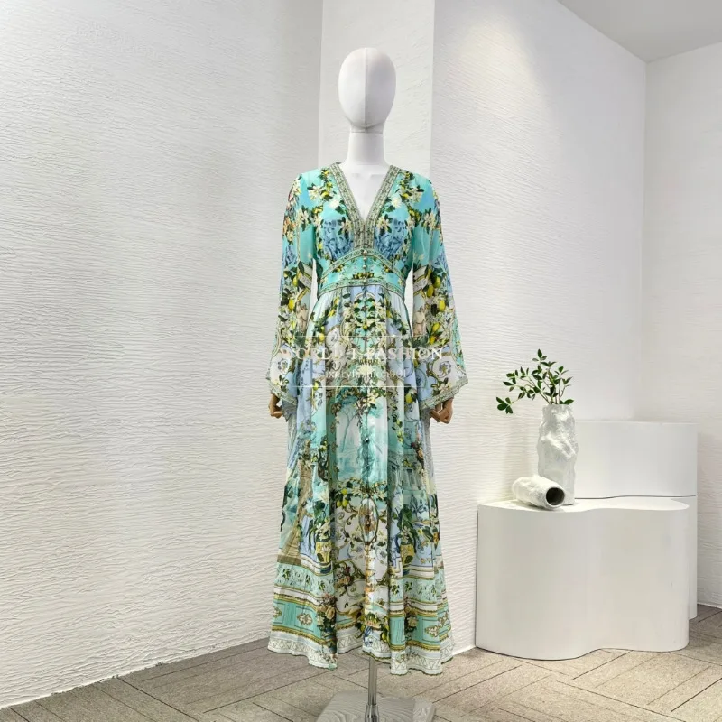 

Green Floral Print Long Sleeve V Neck Diamonds Midi Dress 2025 Silk