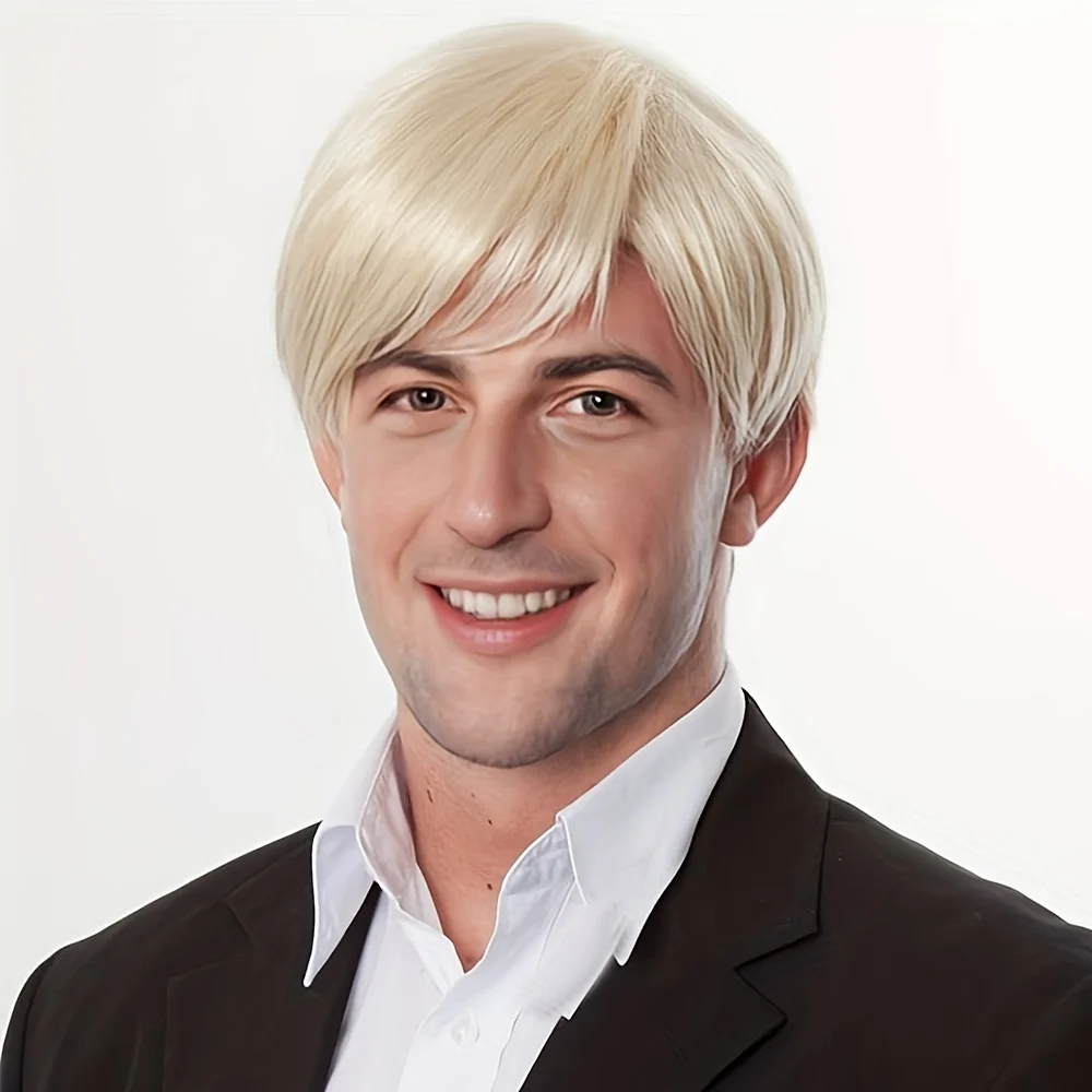 10inch Men's Stylish Light Blonde Slightly Curly Short Hair, Rose Net Synthetic Fiber with Side Bangs