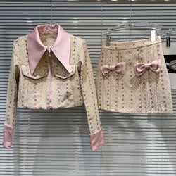 Traje de 2 piezas para mujer, abrigo corto de Tweed con lentejuelas de estilo clásico y falda con lazo, conjuntos elegantes de faldas, Otoño, 2024