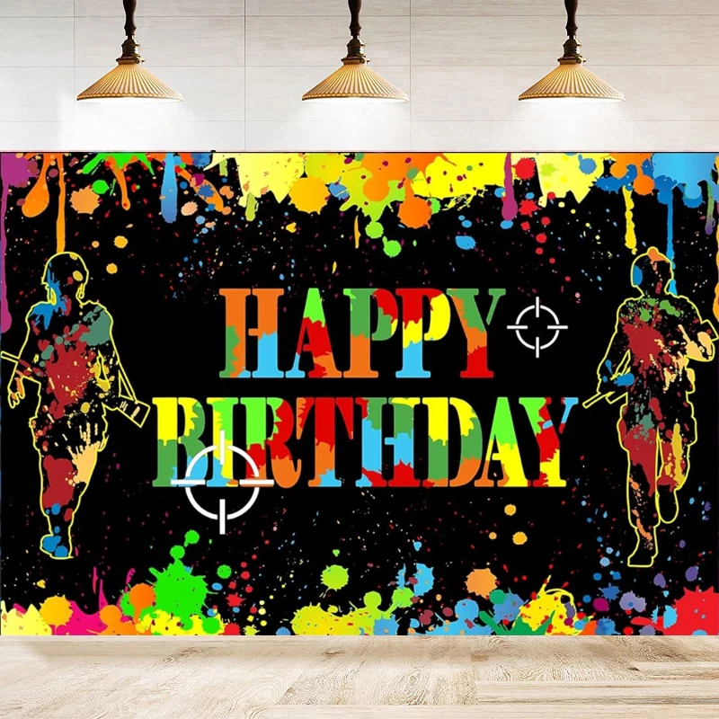 Happy Birthday Background of Shooting Game Theme Party Photography Backdrop Laser Tag AbstractColorful Splatter Table Banner
