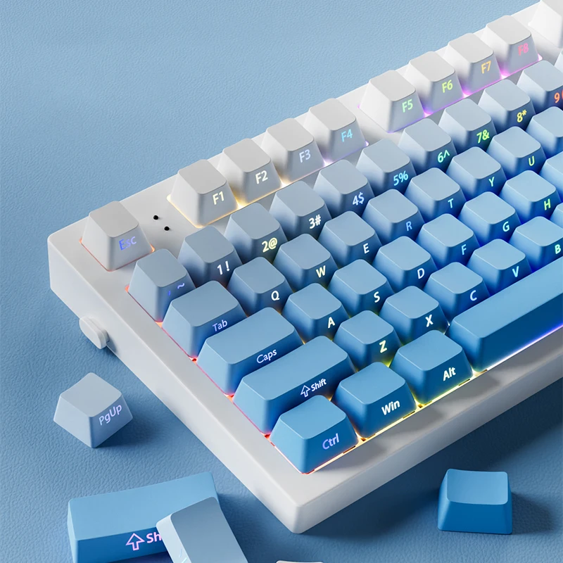 Gradient Blue Side Print Shine Through Keycaps 135 Keys PBT Doubleshot Keycaps Cherry Profile for Gateron MX Switches Keyboards