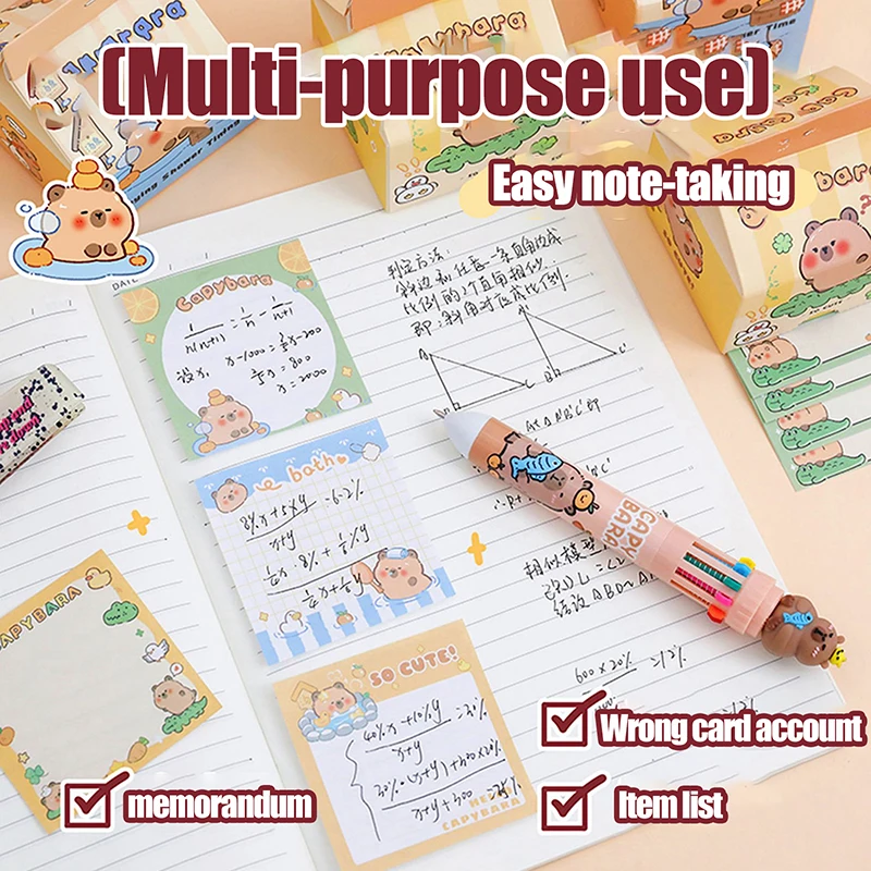 Kawaii Cartoon Non Sticky Notes for Decoration, Paper Note, Tearable Message Post, Kawaii Staacquering, Cute Cartoon, Capybara, DIY Diary, 200 Feuilles