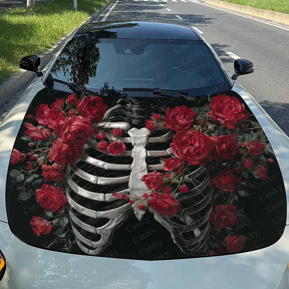 

Виниловые наклейки для автомобиля с красной розой и черепом, пленка на капот автомобиля, наклейки-виниловая упаковка, подходят для большинства автомобилей; Дизайн без пузырей, Se