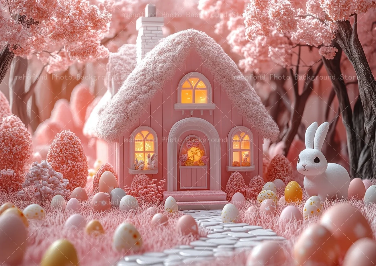 Mehofond 写真撮影背景 イースター 小さな白いウサギ カラフルな卵 石道の家 子供 家族ポートレート背景装飾