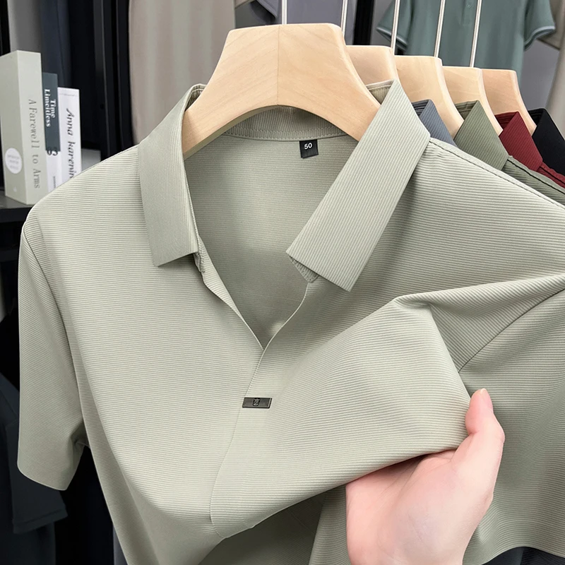 

Luxury Men's Polo Shirt Short Sleeve Open V Placket Lapel Breathable Solid Summer Business Casual Classic Style T-shirt Menswear
