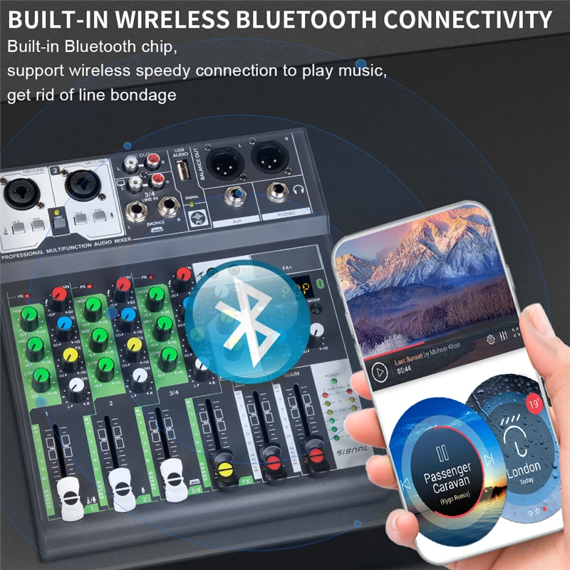 A4 Sound Mixing Console Bluetooth USB Record Computer 48V Phantom Power Delay Repaeat Effect 4 Channels USB Audio Mixer