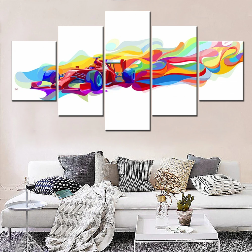 5 Pieces Colorful Canvas Wall Arts Poster Painting Abstract Formula One Cars Wallpaper Home Decor Picture Print Bedroom Mural