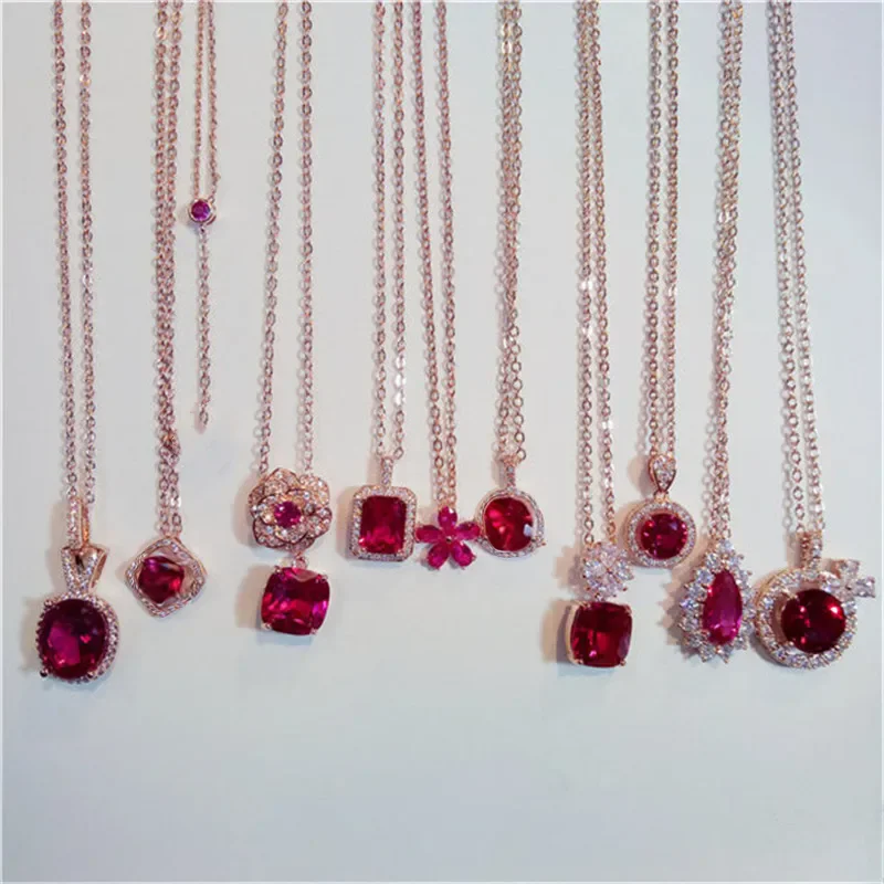 

Vintage Necklace Pendants For Women Created Ruby Gems Fine Jewelry Clavicle Chain Rose Red Color Colar Bijouterie