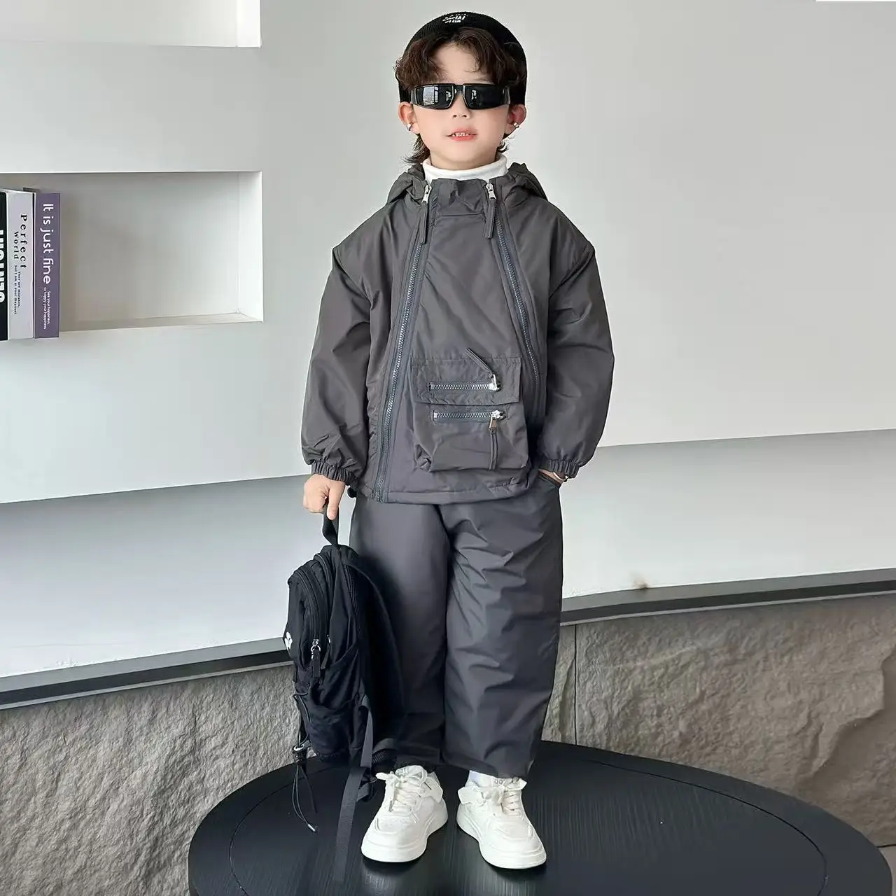 

2026 New Spring and Autumn Children's Grey Personalized Design Zipper Hooded Coat and Pants Two Piece Set 100-160CM
