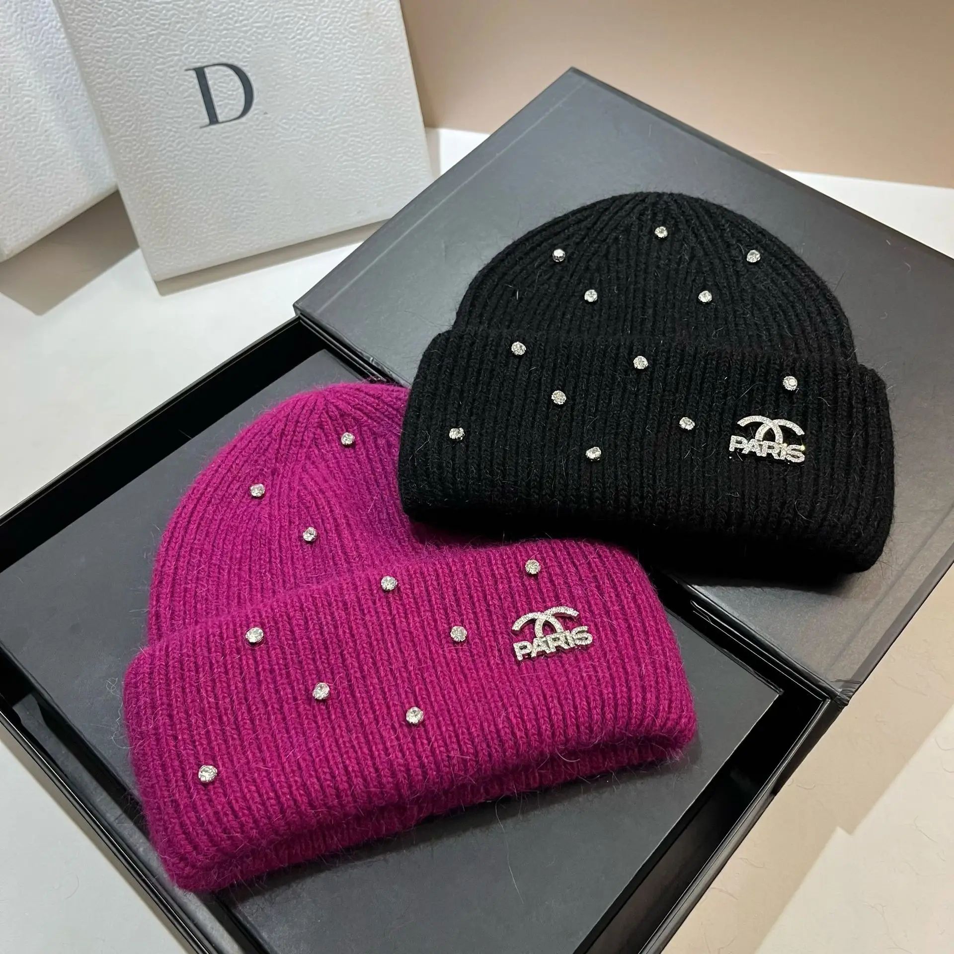 Luxury rhinestone Letters Fashion Winter hats for men and women Real rabbit fur wool Skullies Beanies Knit hats for men and wome