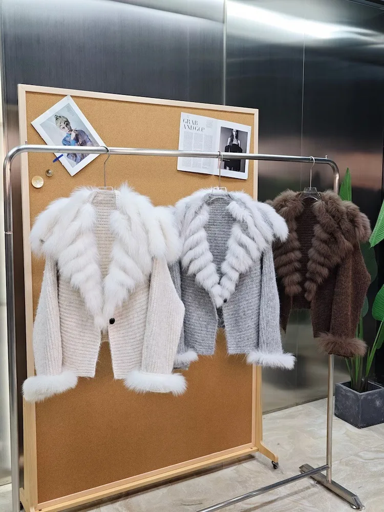 Genuine Large Fox Fur Collar Open Cardigan Knitted Elegant Luxury Sweater Fur Coat for Women Fashionable Outerwear