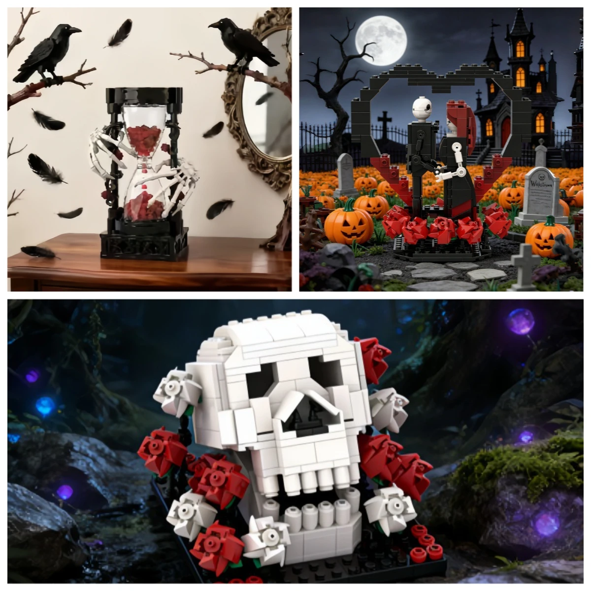 

MOC Dark Romance Skeleton White Bone Hourglass Building Blocks Set Scary Skeleton Couple Love Gothic Toys For Adults Kids Gifts