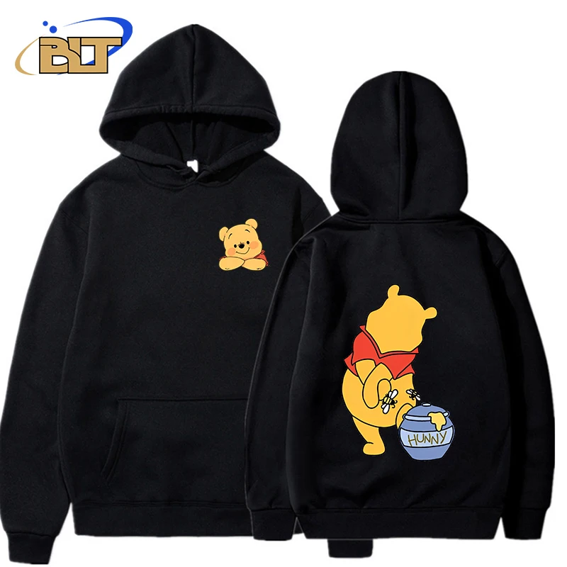 

Pooh Bear Print Men's Plush Hoodie Black Autumn and Winter Sports Plush Top Loose Top