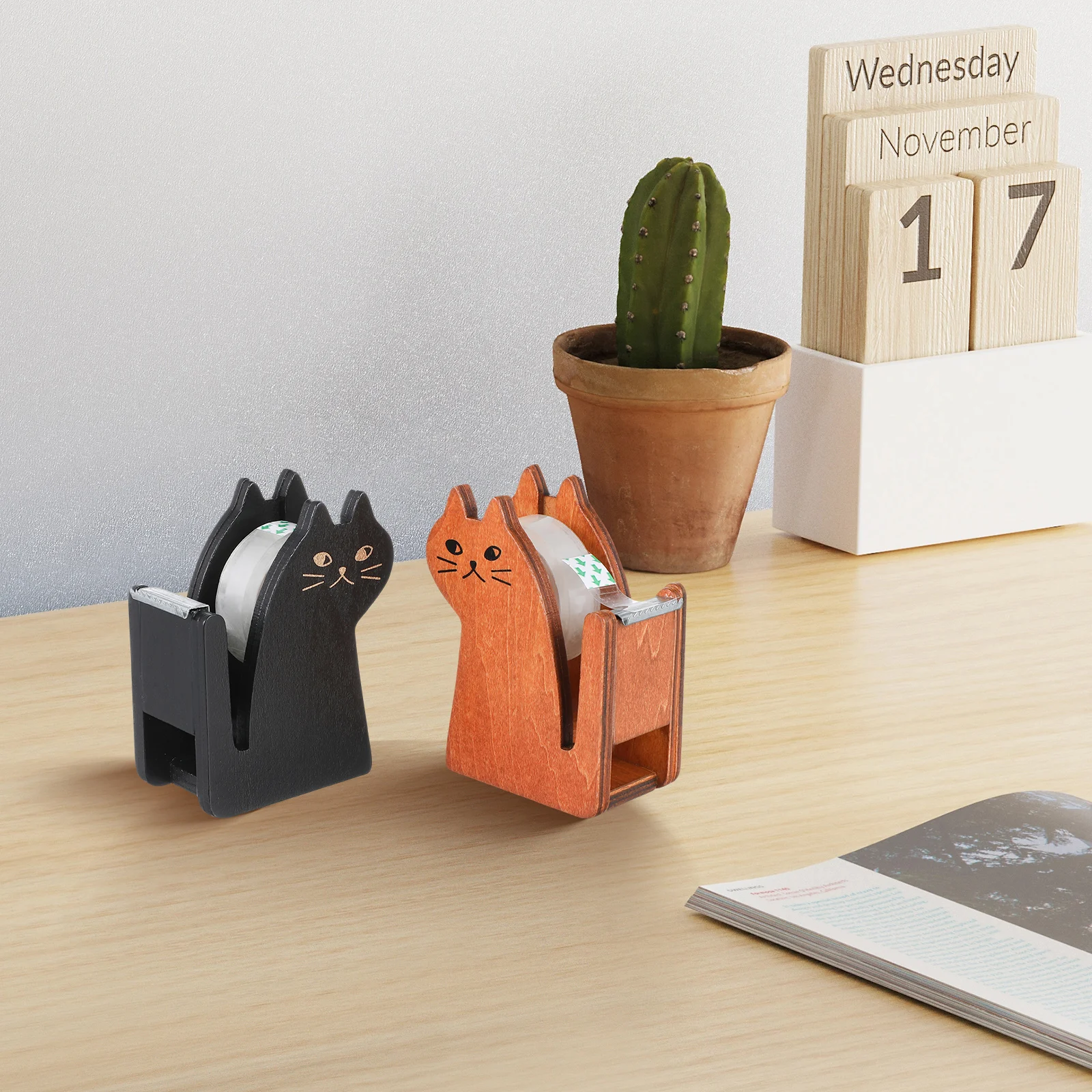 

2 Pcs Tape Dispenser Adorable Cat Desk Accessories Black Yellow Wood Smooth Edges Portable Office