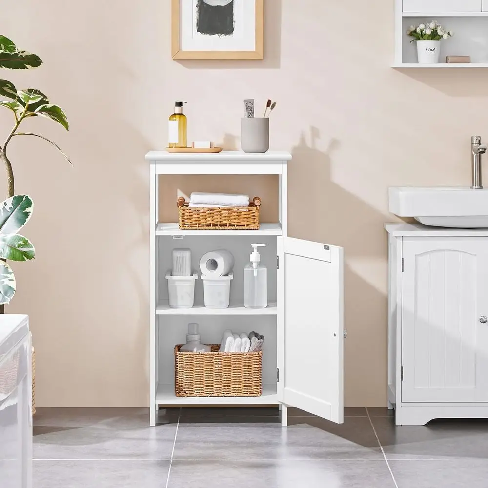 Small Bathroom Storage Cabinet with Door & Open Shel, White | reestanding Slim loor Cabinet Organizer, Hides Toilet Paper and To