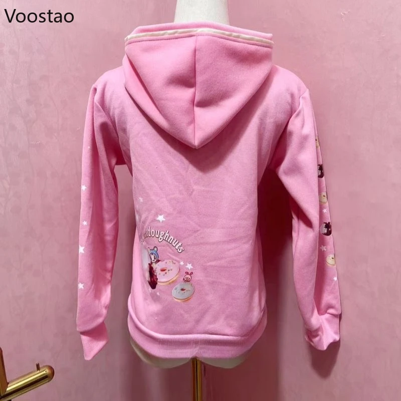 Felpe con cappuccio stile Lolita dolce rosa da donna Felpa con cappuccio con stampa coniglietto cartone animato giapponese Kawaii Top pullover caldi autunno inverno