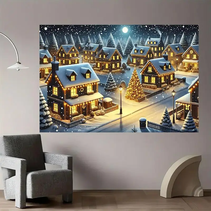 Cozy Winter Night Snowy Village Lighted House Backdrop Banner - Glowing Christmas & Snowy Landscape Fabric Wall Hanging for /Out