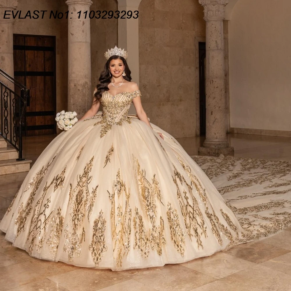 

EVLAST Customized Mexican Champagne Quinceanera Dress Ball Gown Gold Lace Applique Beading Bow Sweet 16 Vestidos De 15 Anos AQ80