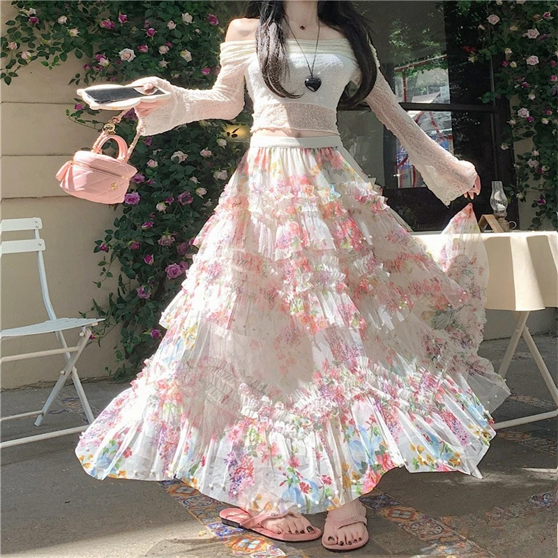 

French Irregular Floral Cake Skirt Women's Summer Super Fairy Gauze Skirt High Waist Ruffled A-line Mesh Medium Long Skirts