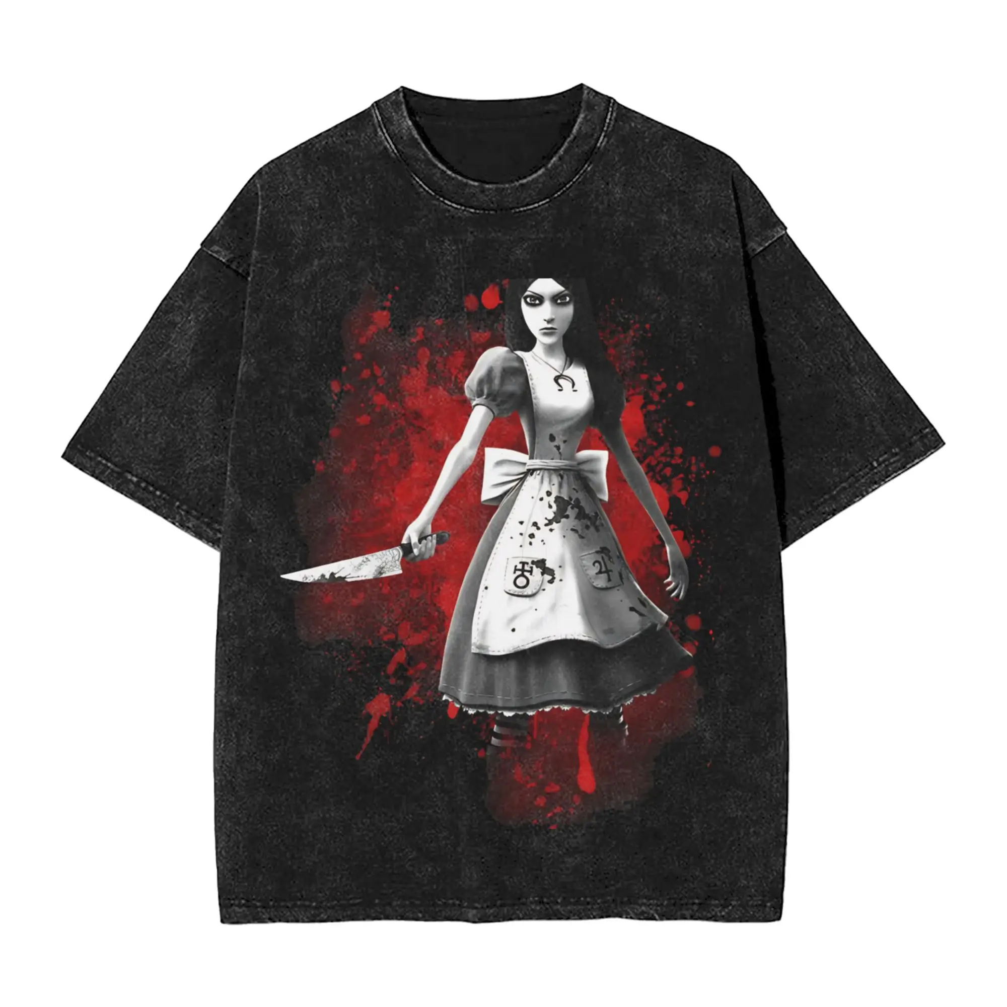 Alice Madness Returns Washed T Shirt Couple  Vintage Cotton T-Shirts Summer Crew Neck Novelty Tees Printed Oversize Tops