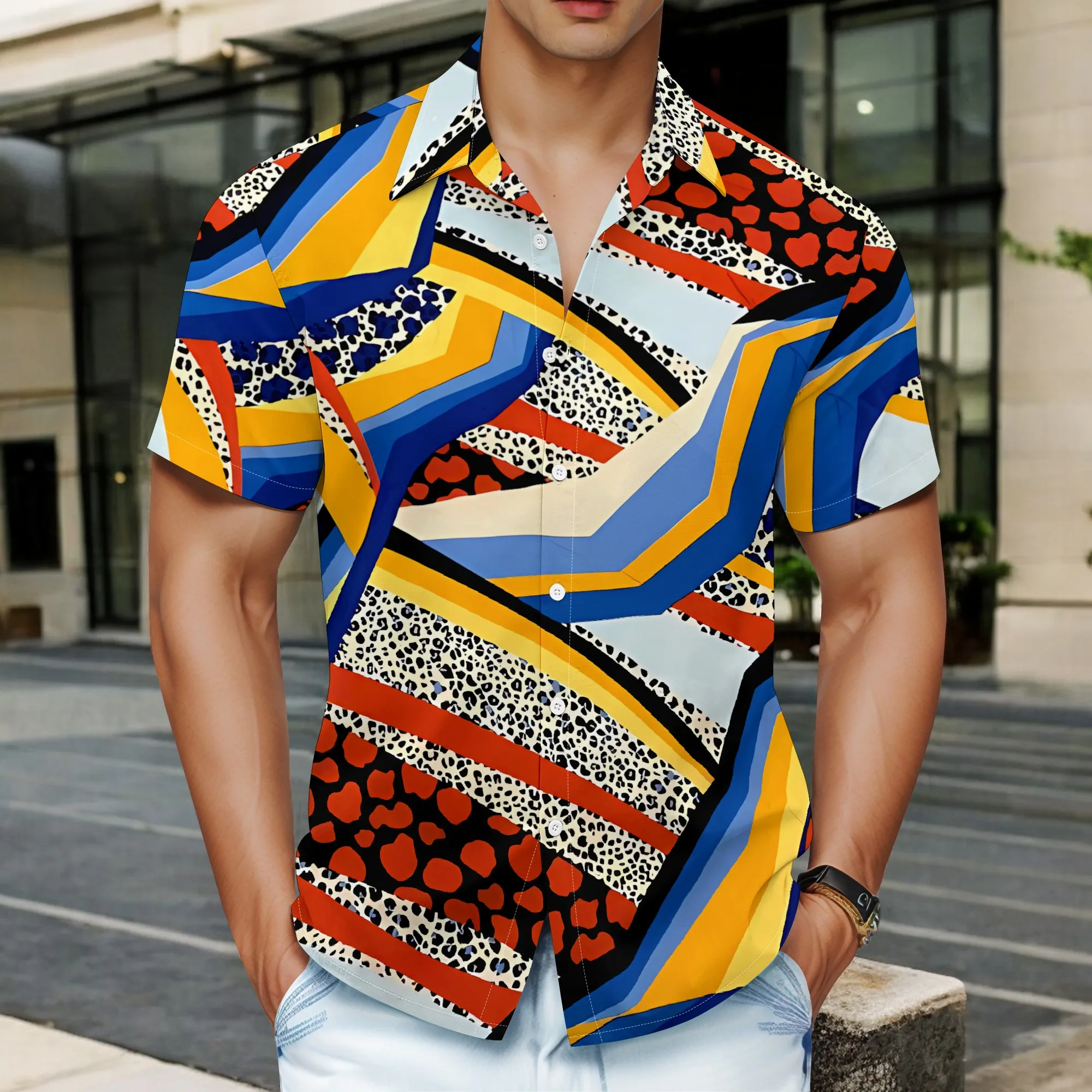

YEAE Blue Orange Camo Pattern Print Shirt for Men Summer Casual Short Sleeve Top