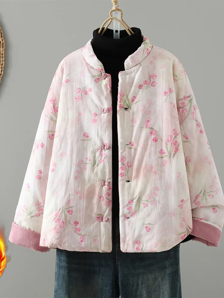 

New Chinese Style Double-Sided Wear Cotton Jacket Women Winter National Style Stand Collar Button Print Cotton Padded Coat