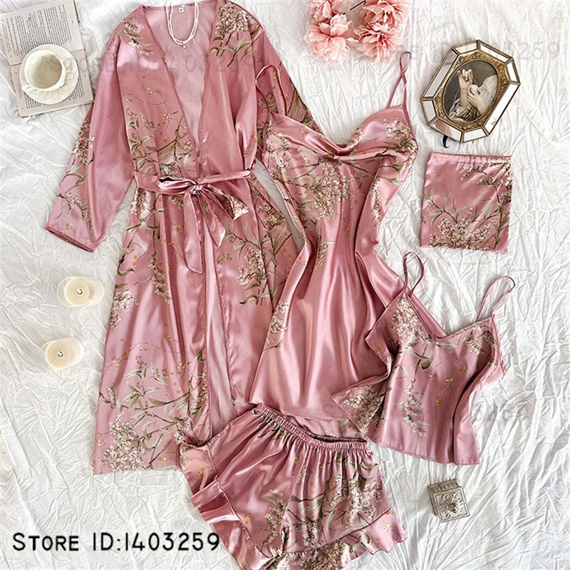 

Female Pajmams Four Piece Set Print Flower Kimono Bathrobe Gown Sexy Robe Nightgown Strap Top&shorts Pijamas Suit Loose Homewear