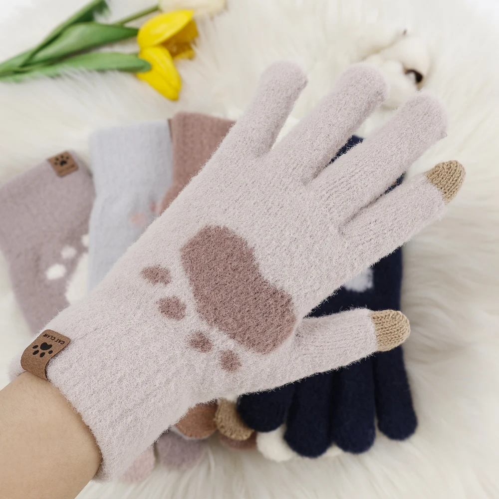 Women\'s Knitted Winter Cute Touchscreen Gloves Soft Mink Hair Autumn Warm Thick Gloves Cute Cat Paw Pattern Girls Gloves Gifts