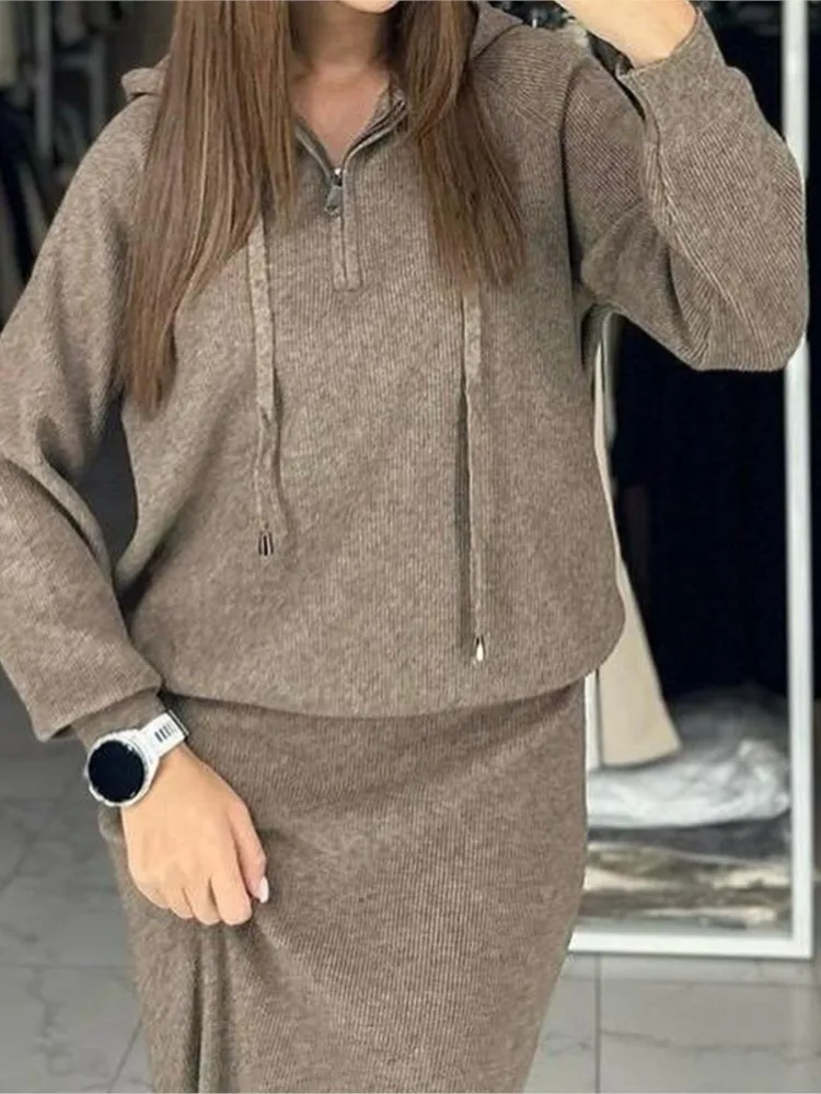 Damesmode Casual rokset Herfst en winter Eenvoudige effen kleur Sweatshirt met lange mouwen en capuchon Slanke rok Tweedelige sets