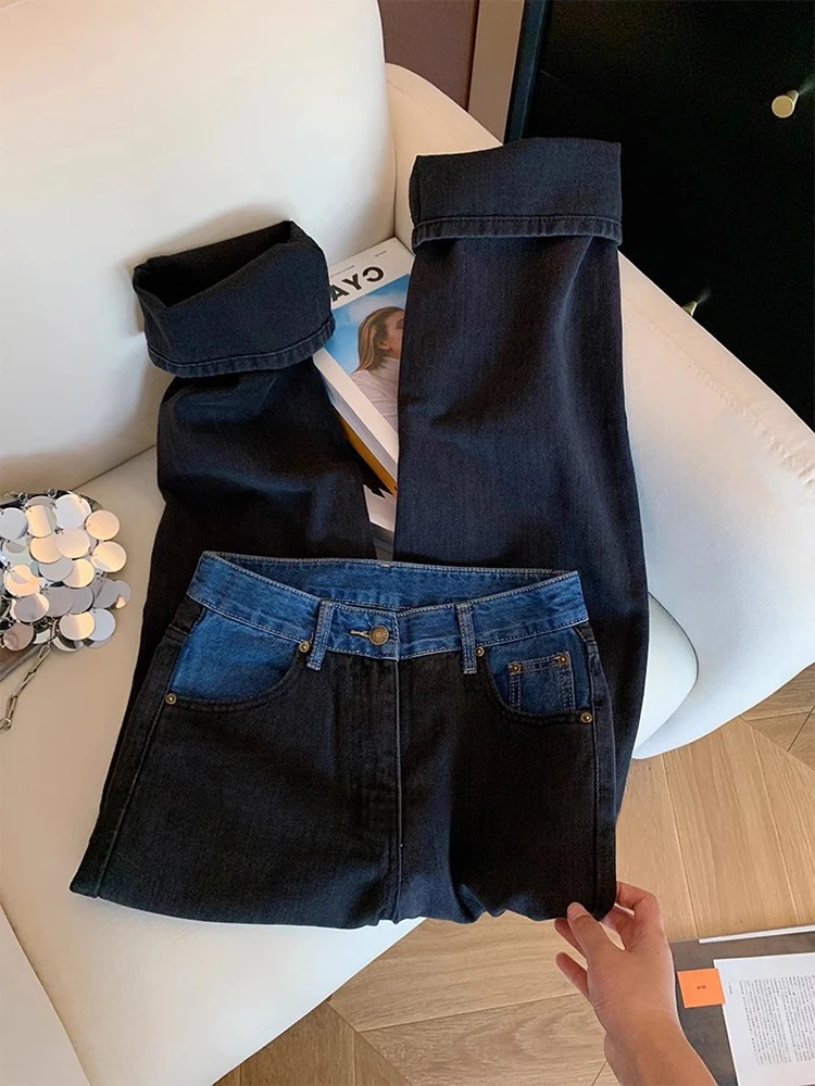 

Ele лоскутные прямые джинсы с высокой талией, мужские и женские повседневные утягивающие широкие брюки, черные ретро, весна-осень