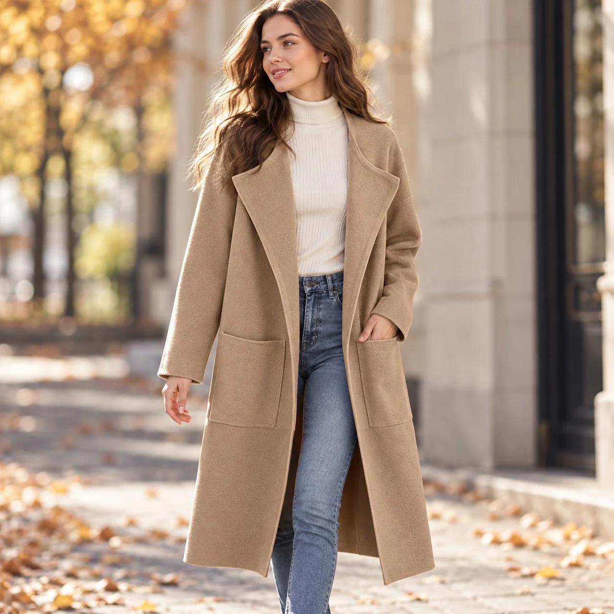 Turn Down Collar Pocket Coat Long Length Japanese Korean Casual with Regular Sleeve Crinkled Texture Loose Fit Women Autumn Coat