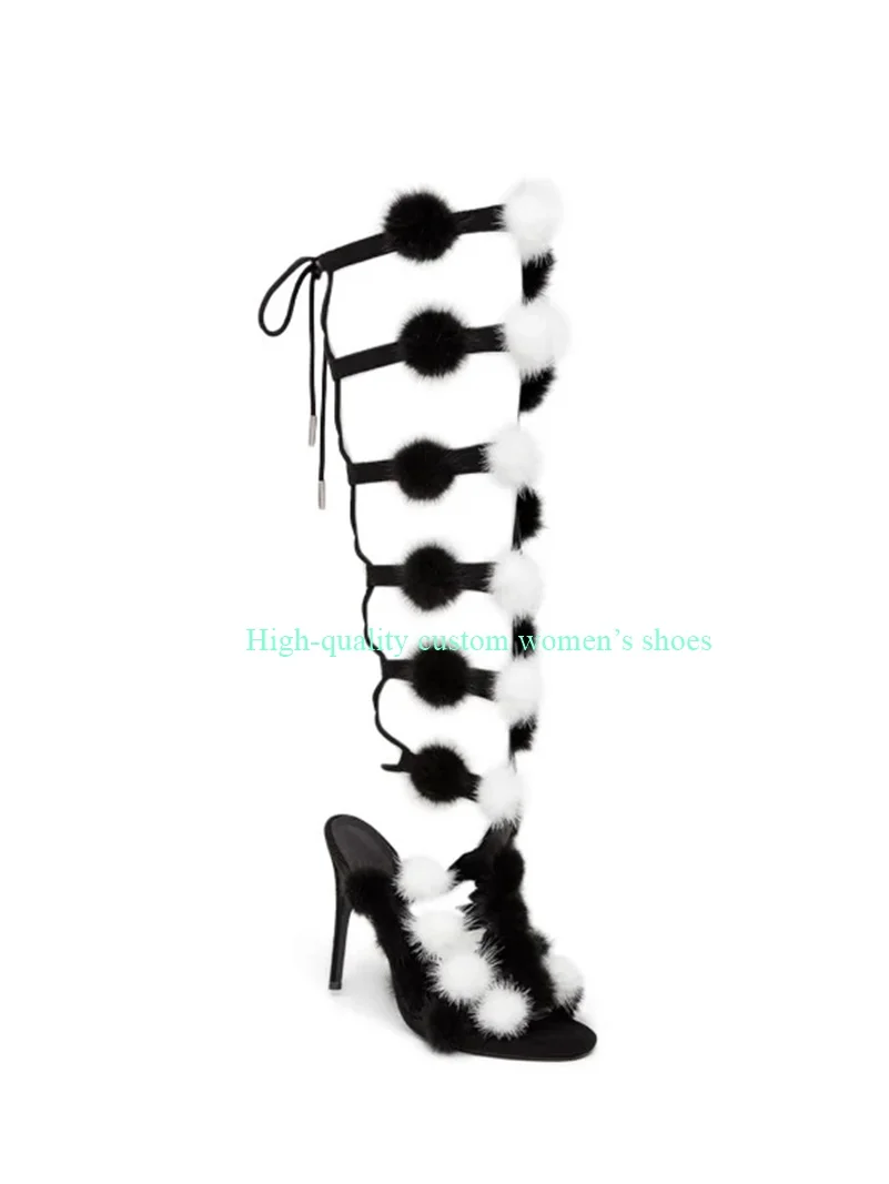 Pointed Toes White Pom-Pom Decorations Black Cross-Mesh Style Summer Boots Hollow Out Banquet Knee-High Luxury Sandals view 4