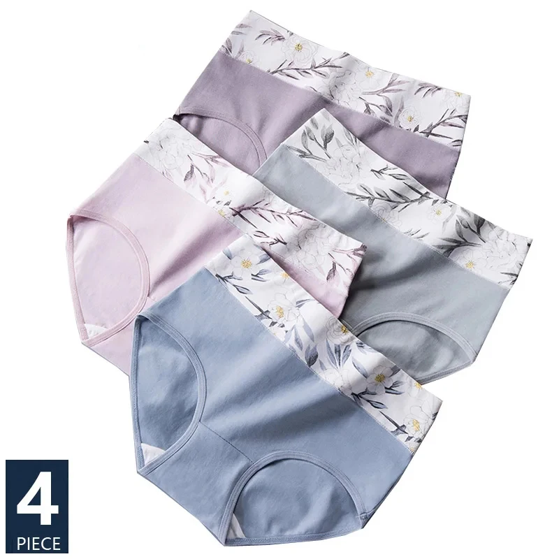 4Pcs High Waist Cotton Women Panties Body Slimming Underwear Breathable Fashion Print Briefs Girls Underpants Female Lingerie