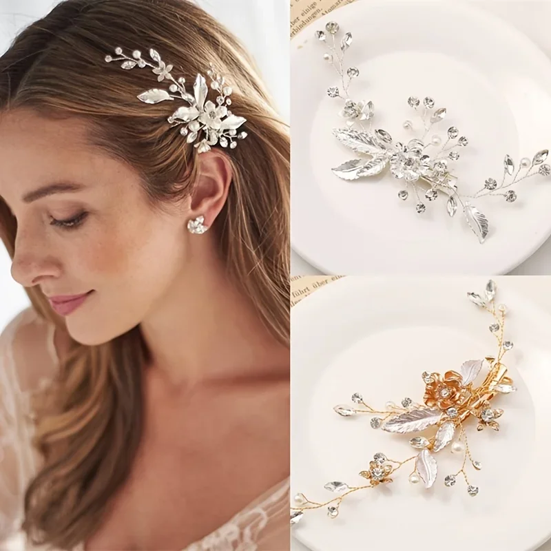 Trendy Gold Silver Color Flower Leaf Crystal Hairpin Headband Tiara Bridal Wedding Hair Accessories Headpiece Jewelry Ornaments