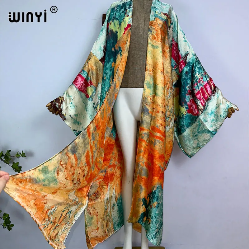 WINYI kimono Abstract print boho kaftans for woman Cover-up Elegant Cardigan sexy Holiday maxi beach wear swimsuit party dress