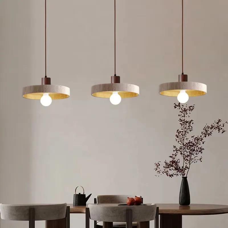 Natural Stone Pendant Light E26/ E27 Bulb Travertine Hanging Lamp Ceiling Suspension for Kitchen Living Dining Room Bedroom