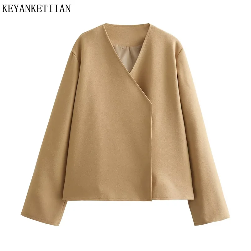 

KEYANKETIAN 2024 New Launch Women's Short Wool Coat Spring Stylish Chic Asymmetrical Snap-Button Loose khaki Crop Outerwear Top